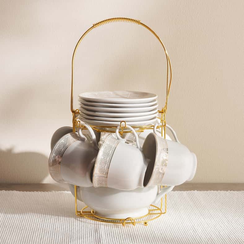 Pan Home طقم شاي أبيض وذهبي مكون من 14 قطعة للضيافة - Image 5