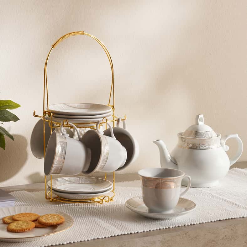 Pan Home طقم شاي أبيض وذهبي مكون من 14 قطعة للضيافة - Image 2