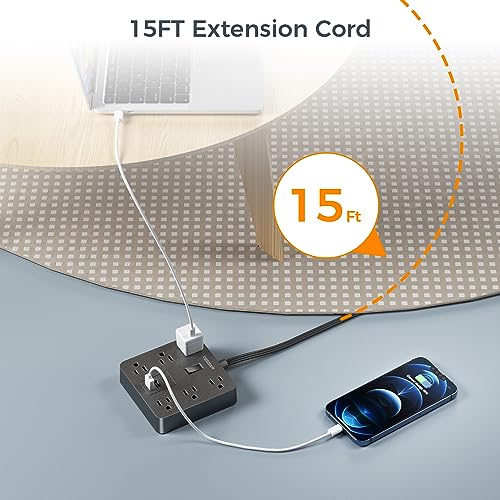 TESSAN سلك تمديد مسطح 15 قدم، شريط طاقة TESSAN مع 6 مآخذ و 3 منافذ USB (1 USB C)، حماية 1700 جول، سلك طاقة طويل أسود للمكتب المنزلي، المدرسة، غرفة النوم - Image 2