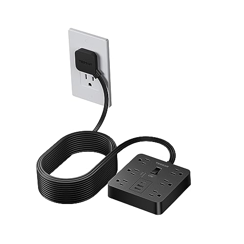 TESSAN سلك تمديد مسطح 15 قدم، شريط طاقة TESSAN مع 6 مآخذ و 3 منافذ USB (1 USB C)، حماية 1700 جول، سلك طاقة طويل أسود للمكتب المنزلي، المدرسة، غرفة النوم - Image 1