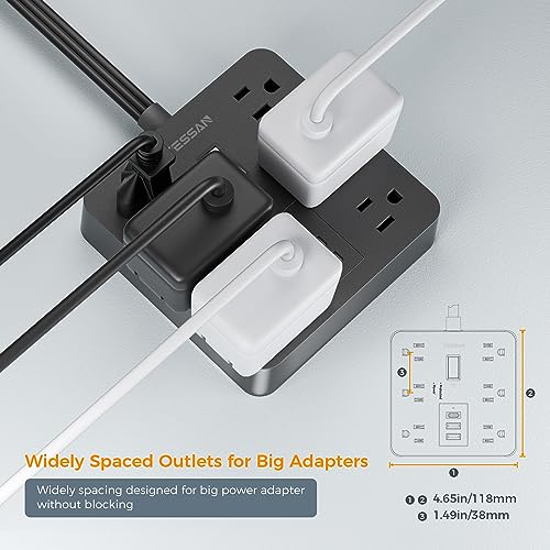 TESSAN سلك تمديد مسطح 15 قدم، شريط طاقة TESSAN مع 6 مآخذ و 3 منافذ USB (1 USB C)، حماية 1700 جول، سلك طاقة طويل أسود للمكتب المنزلي، المدرسة، غرفة النوم - Image 5