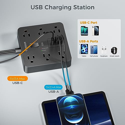 TESSAN سلك تمديد مسطح 15 قدم، شريط طاقة TESSAN مع 6 مآخذ و 3 منافذ USB (1 USB C)، حماية 1700 جول، سلك طاقة طويل أسود للمكتب المنزلي، المدرسة، غرفة النوم - Image 4