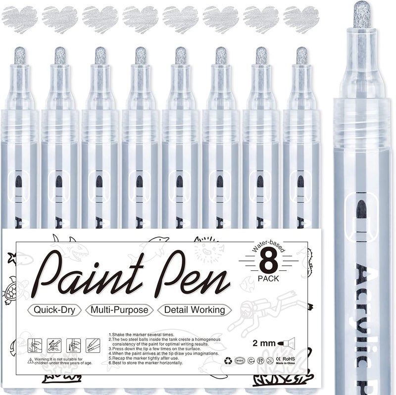 AKARUED Silver Acrylic Paint Markers, 8 Pack Acrylic Silver Paint Pen Sets for Rock Painting, Wood, Stone, Glass, Ceramic, Paper, Drawing, Art Projects, DIY Crafts, Water-Based ink, 2-3mm Medium Tip - Image 1