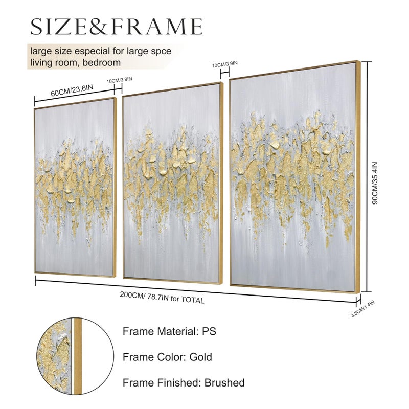 Zessonic Abstract Wall Art For Living-room: Framed Glam Gold Hand-Painting Canvas Art for Bedroom Decor Glitter Abstract Artwork for Modern, Contemporary Decor, (Set of 3, 24 x 36 Inches for Each) - Image 5