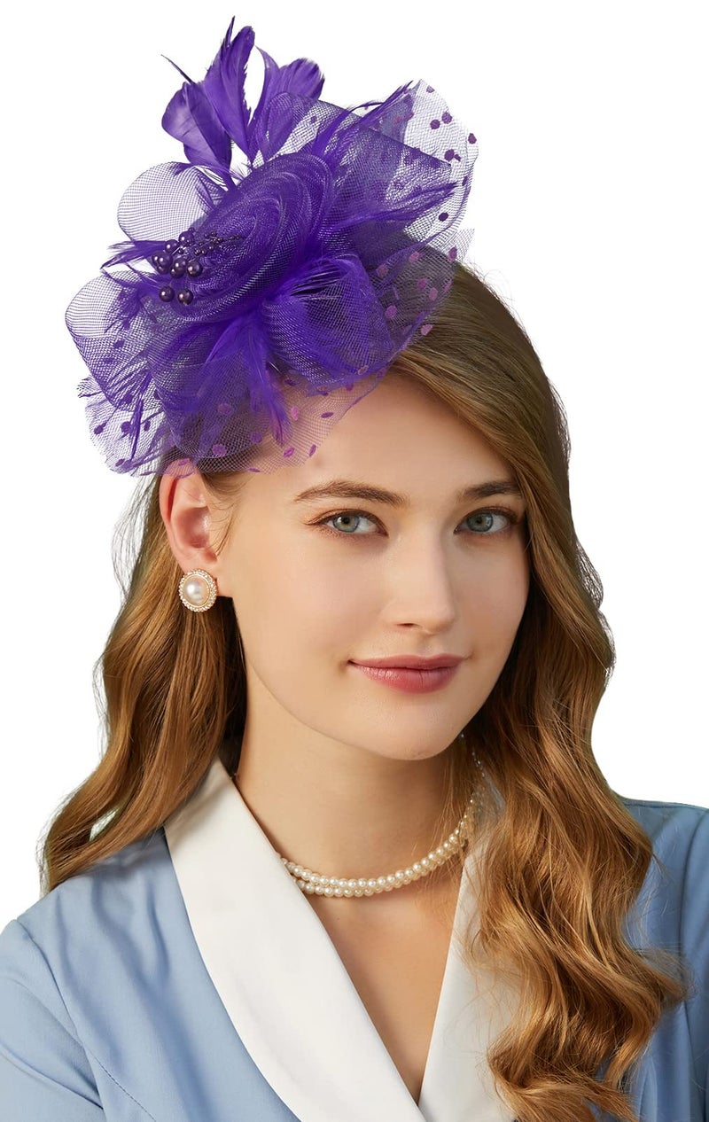 Cizoe Fascinators Hat for Women Tea Party Headband Kentucky Derby Wedding Flower Cocktail Mesh Feathers Hair Clip(1-Purple) - Image 1