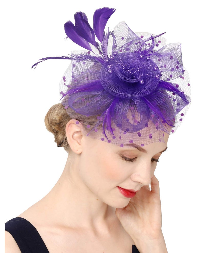 Cizoe Fascinators Hat for Women Tea Party Headband Kentucky Derby Wedding Flower Cocktail Mesh Feathers Hair Clip(1-Purple) - Image 2