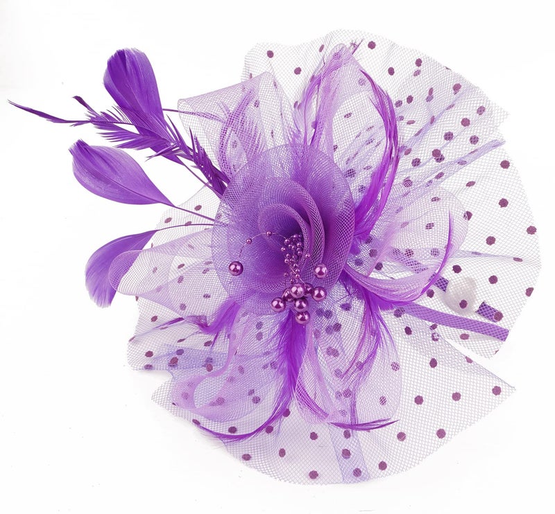 Cizoe Fascinators Hat for Women Tea Party Headband Kentucky Derby Wedding Flower Cocktail Mesh Feathers Hair Clip(1-Purple) - Image 4