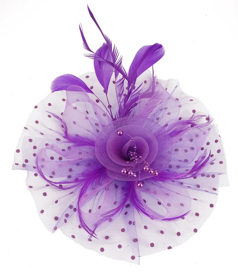 Cizoe Fascinators Hat for Women Tea Party Headband Kentucky Derby Wedding Flower Cocktail Mesh Feathers Hair Clip(1-Purple) - Image 5