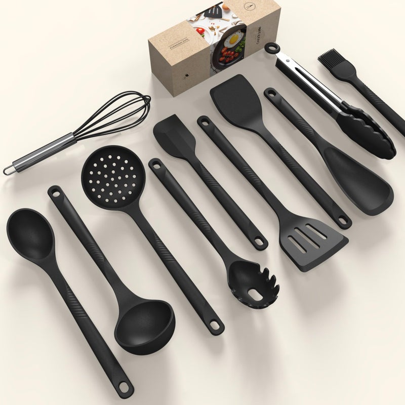 USECANO Silicone Cooking Utensils Set - 600Â°F Heat Resistant, Nonstick Kitchen Utensil Set with Spatulas, Spoons, Whisk, Tongs, BPA Free, Dishwasher Safe, Black - Image 2