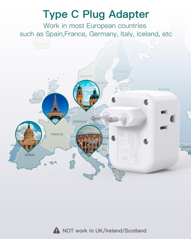 Addtam European Travel Plug Adapter, Addtam International Power Adapter with 3 Outlets 3 USB Charging Ports(2 USB C), Type C Adapter Travel Essentials to Most Europe EU Spain Italy France - Image 3