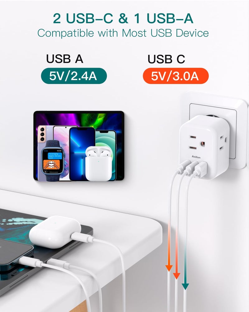 Addtam European Travel Plug Adapter, Addtam International Power Adapter with 3 Outlets 3 USB Charging Ports(2 USB C), Type C Adapter Travel Essentials to Most Europe EU Spain Italy France - Image 4