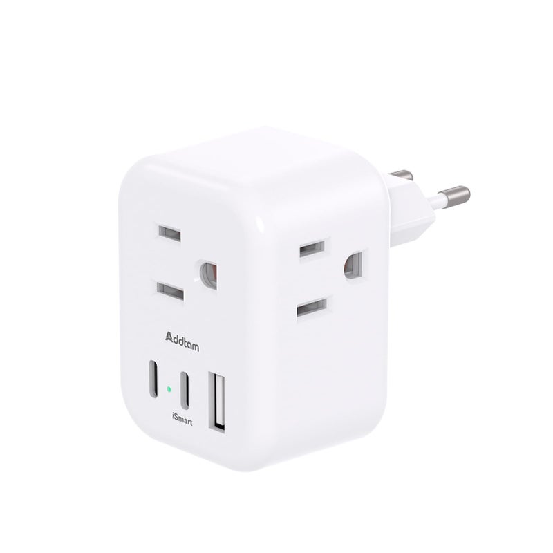 Addtam European Travel Plug Adapter, Addtam International Power Adapter with 3 Outlets 3 USB Charging Ports(2 USB C), Type C Adapter Travel Essentials to Most Europe EU Spain Italy France - Image 1