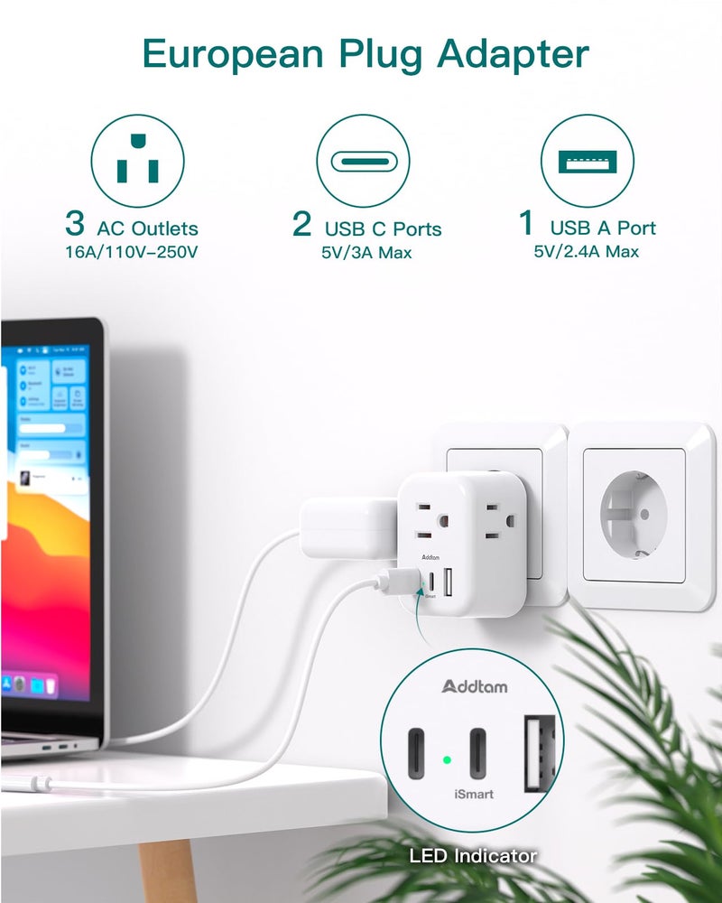 Addtam European Travel Plug Adapter, Addtam International Power Adapter with 3 Outlets 3 USB Charging Ports(2 USB C), Type C Adapter Travel Essentials to Most Europe EU Spain Italy France - Image 2