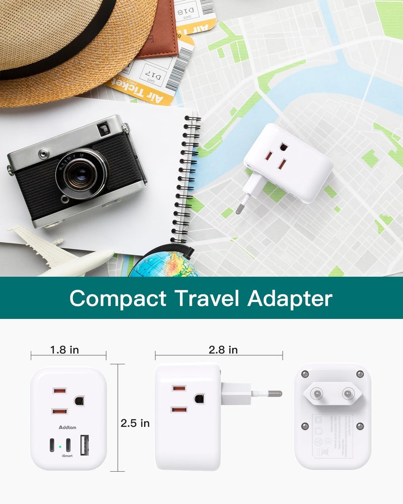 Addtam European Travel Plug Adapter, Addtam International Power Adapter with 3 Outlets 3 USB Charging Ports(2 USB C), Type C Adapter Travel Essentials to Most Europe EU Spain Italy France - Image 5