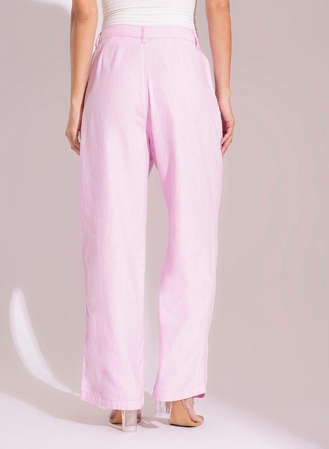 globus Light Pink Cotton High-Rise Wide Leg Trousers - Image 5