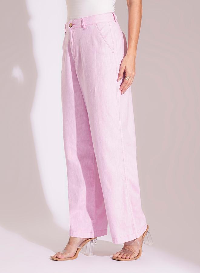 globus Light Pink Cotton High-Rise Wide Leg Trousers - Image 4