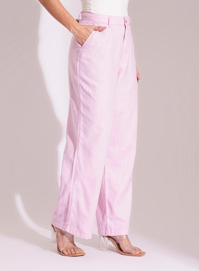 globus Light Pink Cotton High-Rise Wide Leg Trousers - Image 3