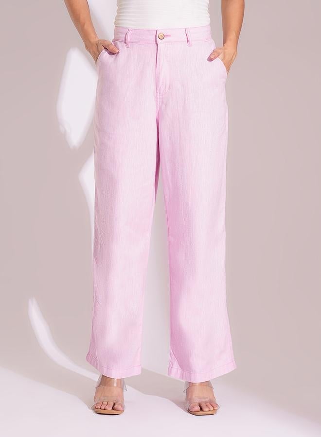 globus Light Pink Cotton High-Rise Wide Leg Trousers - Image 2