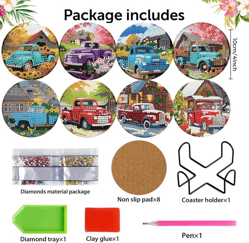 mrpwnle Diamond Art Coasters Kits, 8Pcs Diamond Painting Coasters Crafts Kit with Holder, DIY Truck Diamonds Art Non Slip Coaster Crafts Kits for Adults Beginners Gifts - Image 5