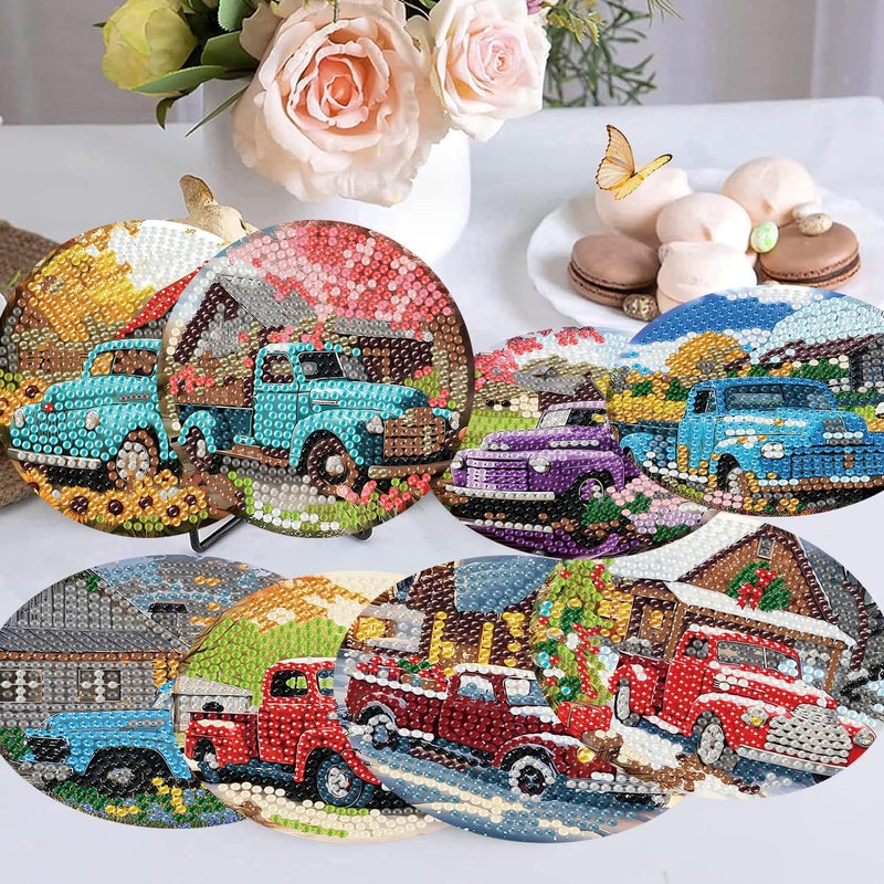 mrpwnle Diamond Art Coasters Kits, 8Pcs Diamond Painting Coasters Crafts Kit with Holder, DIY Truck Diamonds Art Non Slip Coaster Crafts Kits for Adults Beginners Gifts - Image 2