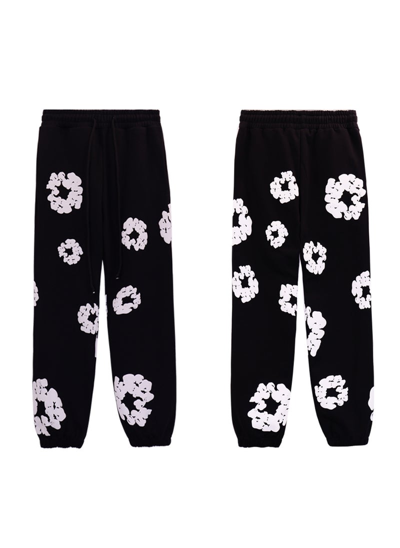 Generic Hip Hop Cotton Hoodie Streetwear Set Black trousers (white garland) 