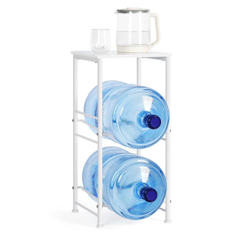 Water Jug Holder Stand 2 Tier 5 Gallon Water Bottle Rack with Top Shelves 5 Gallon Water Bottle Holder Organizer Water Dispenser Stand for Kitchen Home Office Living Room White