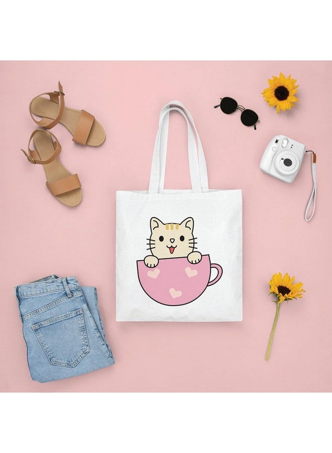 Hubops Cute Cat in Teacup Tote Bag - Reusable Polyester Canvas Tote Bag for Cat Lovers, School, Shopping & Gifting - Image 2