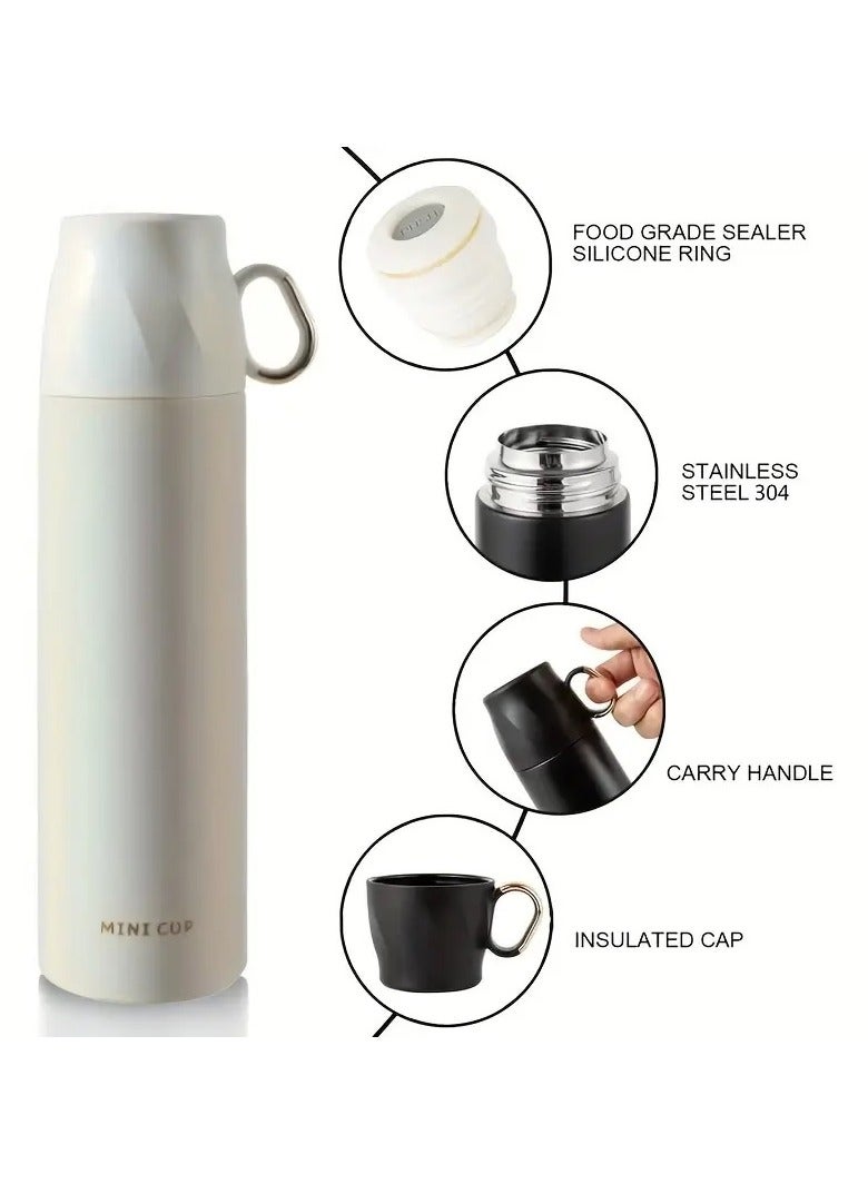 BB Stainless Steel Insulated Liquid Bottle with Double Leak Proof Construction, Water Thermos with Small Handled Drinking Cup Perfect for Hot and Cold Drinks - Multi-Purpose Use in Travel, Sports, Office, Car, 500ml - Beige - Image 2