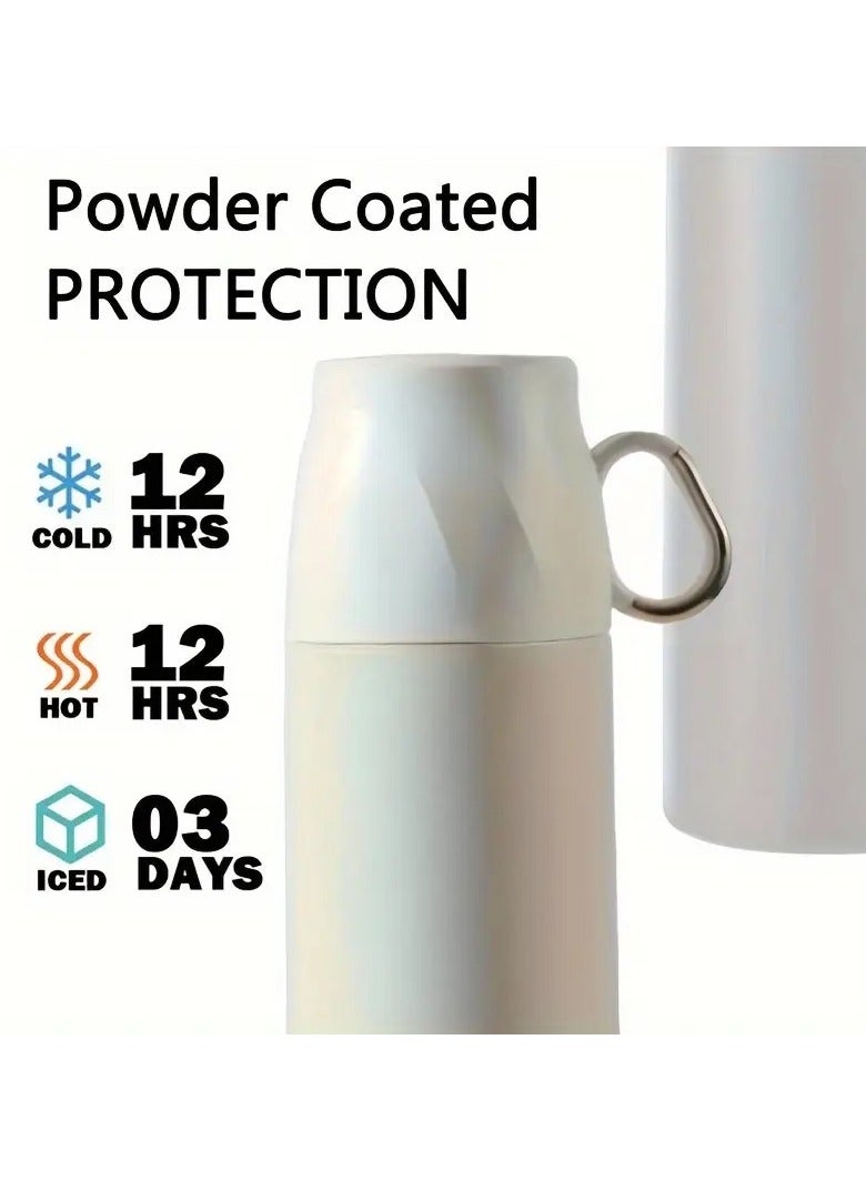 BB Stainless Steel Insulated Liquid Bottle with Double Leak Proof Construction, Water Thermos with Small Handled Drinking Cup Perfect for Hot and Cold Drinks - Multi-Purpose Use in Travel, Sports, Office, Car, 500ml - Beige - Image 4