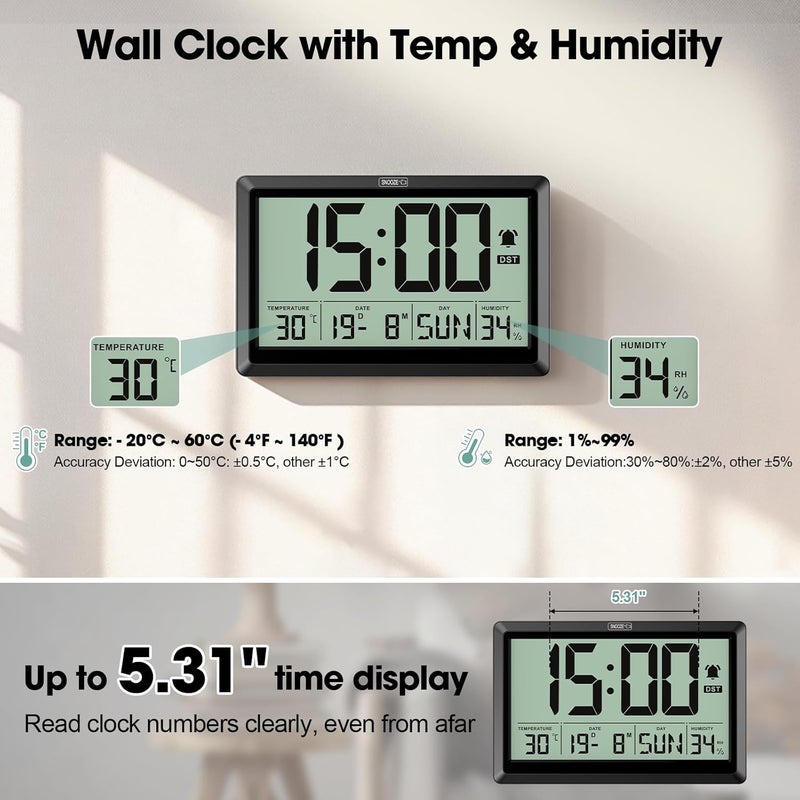 XREXS Digital Wall Clock, Battery Operated, Auto DST, Large Digital Clock with Day/Date/Alarm/Temperature/Humidity, for Living Room, Bedroom, Desk Decor (Batteries Included) - Image 2