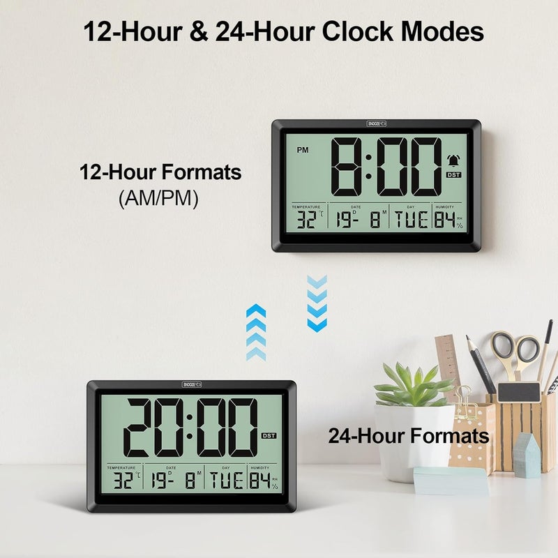 XREXS Digital Wall Clock, Battery Operated, Auto DST, Large Digital Clock with Day/Date/Alarm/Temperature/Humidity, for Living Room, Bedroom, Desk Decor (Batteries Included) - Image 4