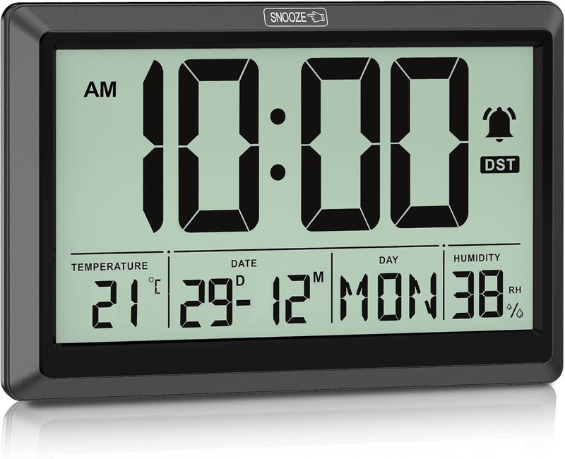 XREXS Digital Wall Clock, Battery Operated, Auto DST, Large Digital Clock with Day/Date/Alarm/Temperature/Humidity, for Living Room, Bedroom, Desk Decor (Batteries Included) - Image 1