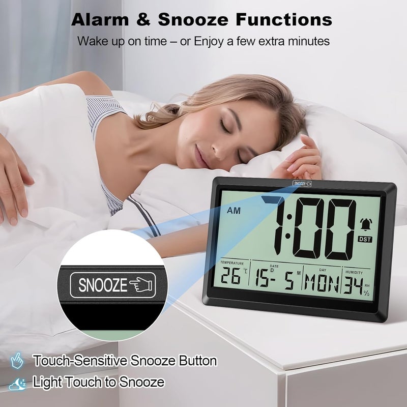 XREXS Digital Wall Clock, Battery Operated, Auto DST, Large Digital Clock with Day/Date/Alarm/Temperature/Humidity, for Living Room, Bedroom, Desk Decor (Batteries Included) - Image 5