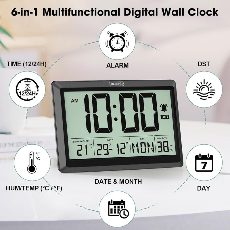 XREXS Digital Wall Clock, Battery Operated, Auto DST, Large Digital Clock with Day/Date/Alarm/Temperature/Humidity, for Living Room, Bedroom, Desk Decor (Batteries Included) - Image 3