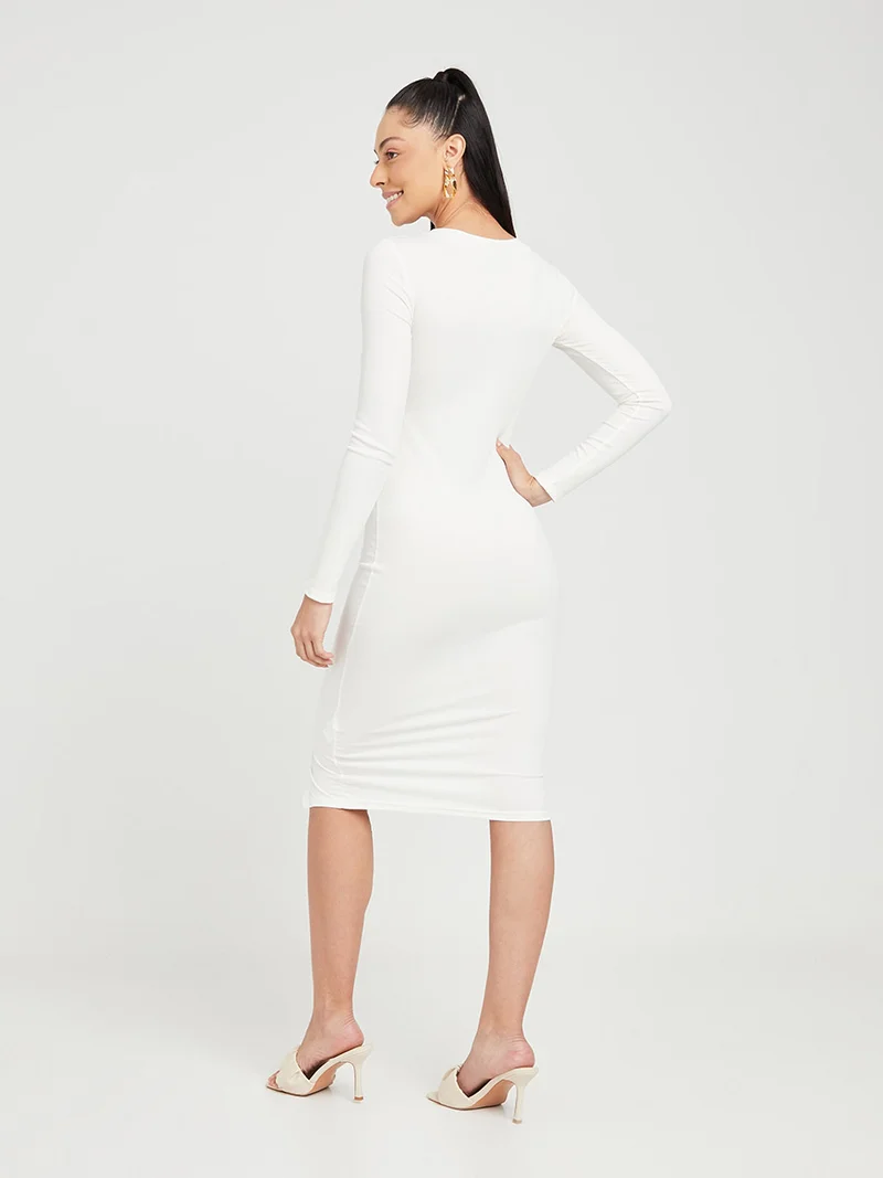 Styli Long Sleeves Knit Bodycon Midi Dress with Side Button Detail