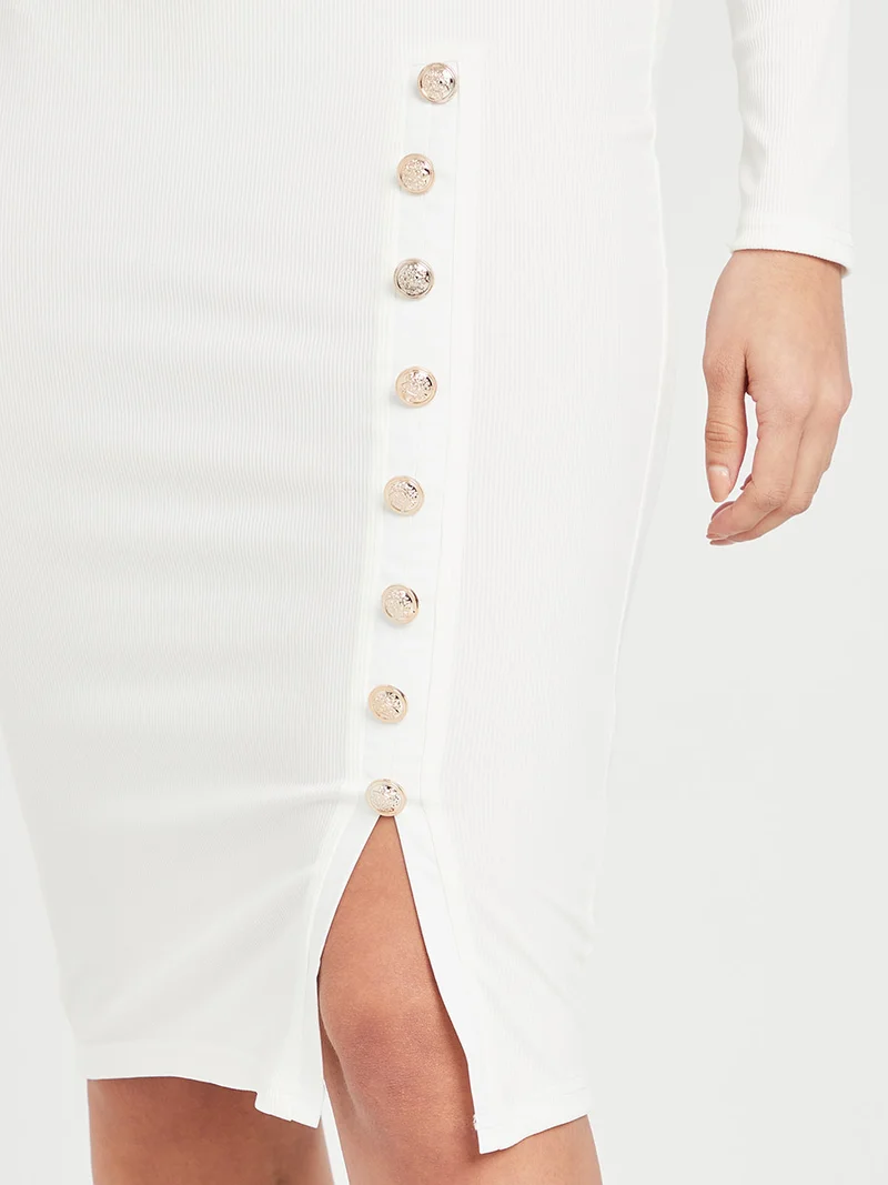 Styli Long Sleeves Knit Bodycon Midi Dress with Side Button Detail