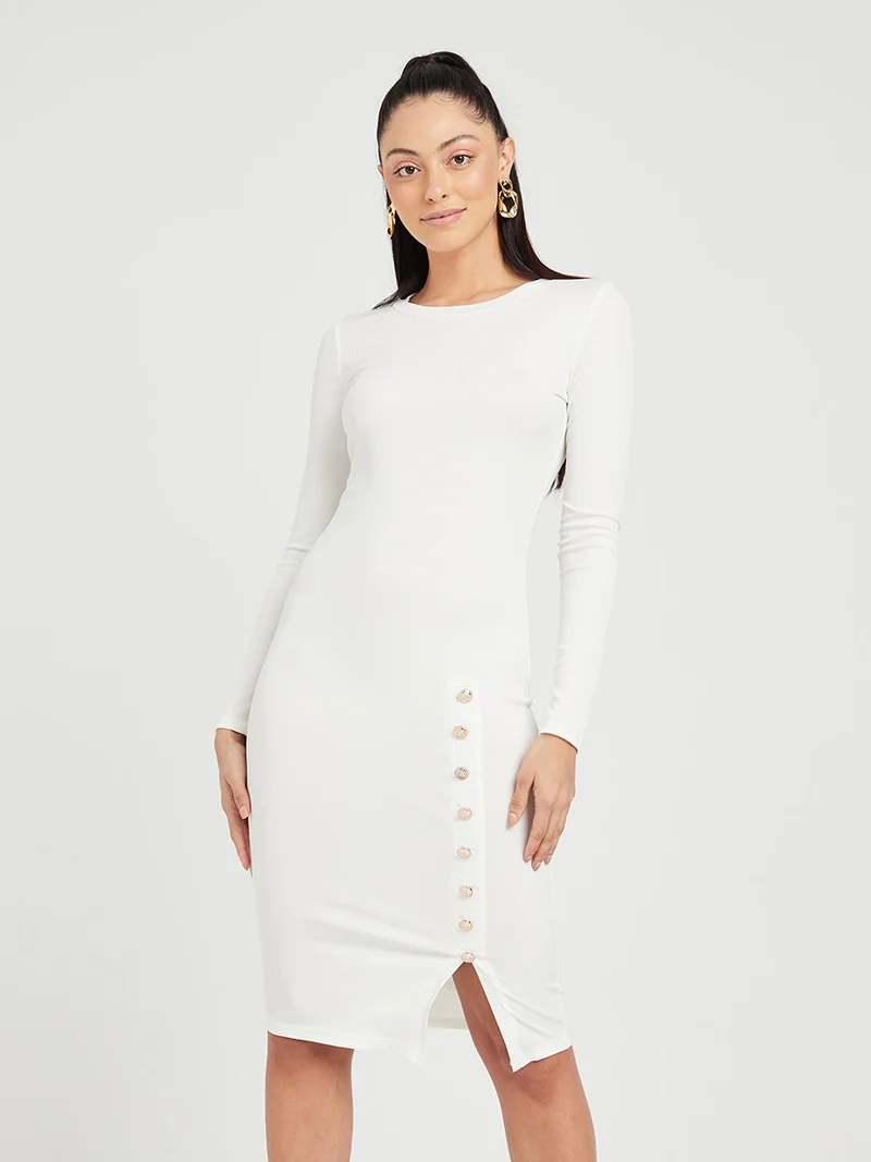Styli Long Sleeves Knit Bodycon Midi Dress with Side Button Detail