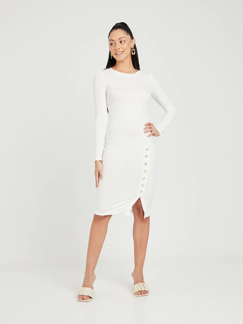 Styli Long Sleeves Knit Bodycon Midi Dress with Side Button Detail