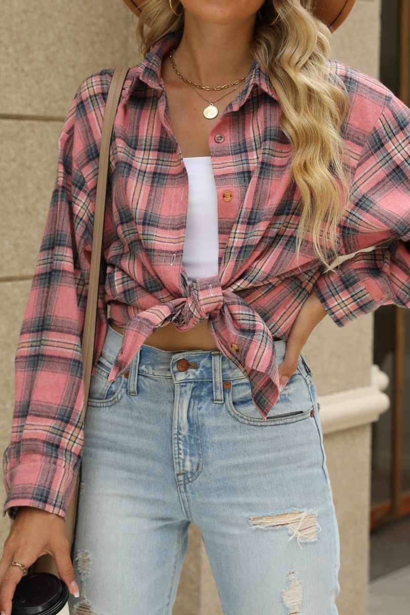 CHYRII Womens Button Down Flannel Shirts Long Sleeve Plaid Shacket Business Casual Blouse Topss Pink -7122 XXL - Image 2