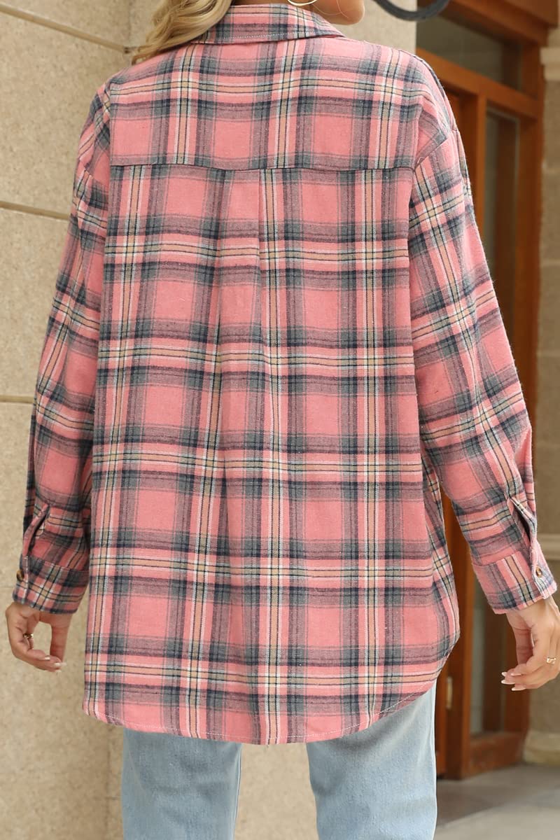 CHYRII Womens Button Down Flannel Shirts Long Sleeve Plaid Shacket Business Casual Blouse Topss Pink -7122 XXL - Image 5
