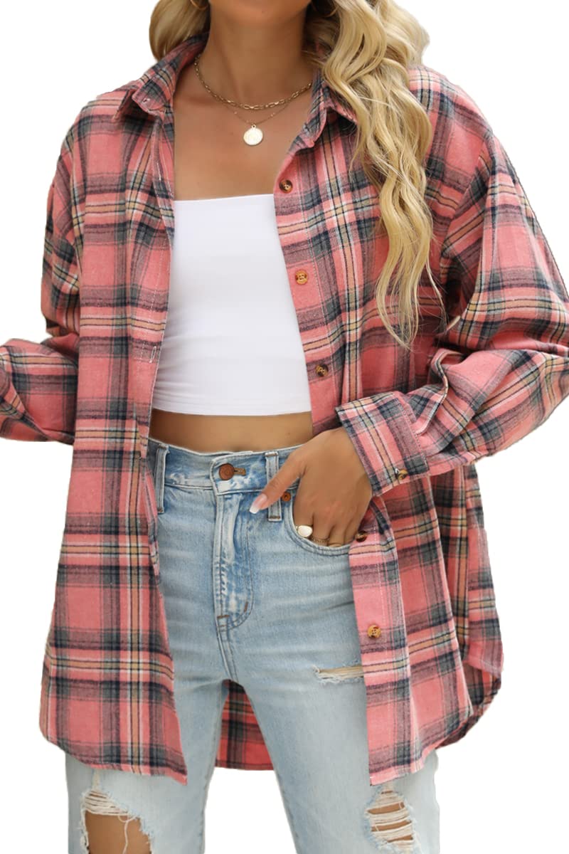 CHYRII Womens Button Down Flannel Shirts Long Sleeve Plaid Shacket Business Casual Blouse Topss Pink -7122 XXL - Image 1