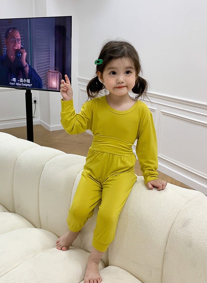 Loquat Kids Solid Color Pajama Set Cotton Soft Base Layer Top & High Waist Bottom Children's Underwear Set Lemon Yellow  - Image 1