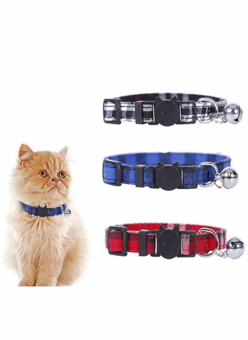 ماركة غير محددة Cat Collars Quick Release with Bell, Adjustable 20-30cm for Most Domestic Cats, Safe Breakaway Kitten Collar, Plaid Design, 3 Pack  - Image 1
