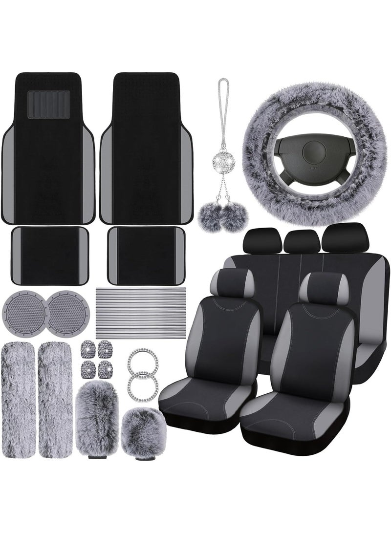 Halamodo Car Seat Cover Full Set for Women Included Car Front Rear Seat Fluffy Steering Wheel Cover Belt Automotive Floor Mats Air Conditioner Decoration Strip Universal (Grey) - Image 1