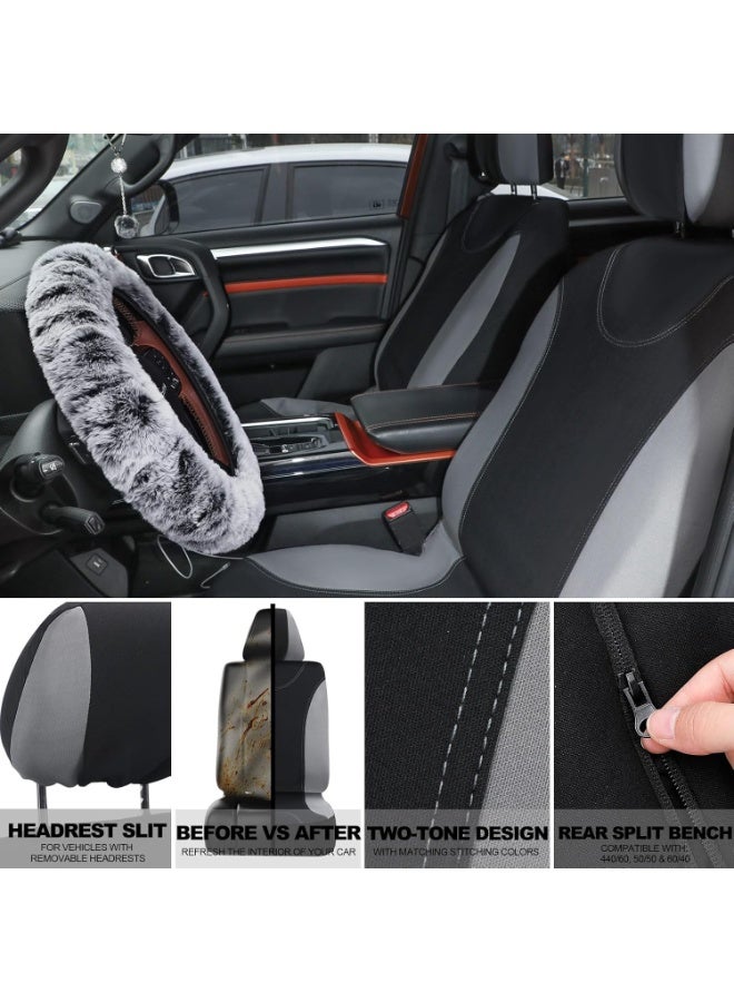 Halamodo Car Seat Cover Full Set for Women Included Car Front Rear Seat Fluffy Steering Wheel Cover Belt Automotive Floor Mats Air Conditioner Decoration Strip Universal (Grey) - Image 3