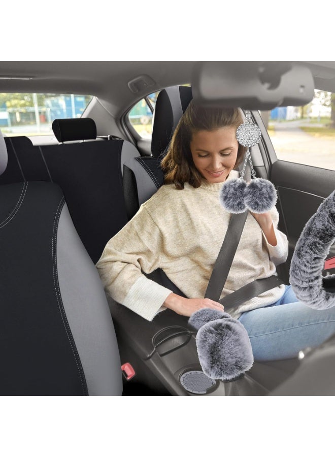 Halamodo Car Seat Cover Full Set for Women Included Car Front Rear Seat Fluffy Steering Wheel Cover Belt Automotive Floor Mats Air Conditioner Decoration Strip Universal (Grey) - Image 5