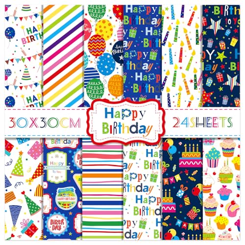 WLXTREE 24 Sheets Happy Birthday Scrapbook Paper Pad,160gsm Textured Double-Sided Pattern Planner Junk Journal Craft Paper,Card Making Supplies,30×30cm - Image 1