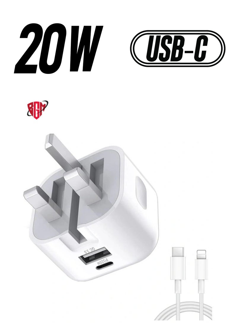 BGM 20W USB C Charger Block, 2-Ports [USB-C + USB] Charging Station, QC PD3.0 GaN Fast Charging Block, Type C Power Adapter for iPad Pro/iPhone/Samsung Note/Galaxy (With Cable)  - Image 1