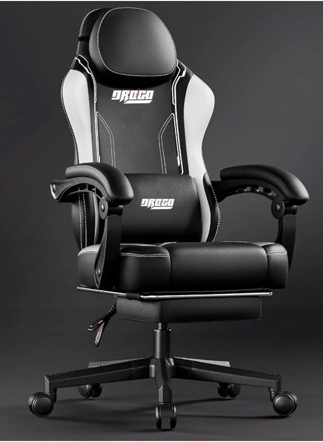 Drogo Ergonomic Gaming Chair, Computer Chair with Linkage Armrest, Footrest & Adjustable Seat Video Game Chair with Leather, Head & Massager Lumbar Pillow Home & Office Chair with Recline Black White 