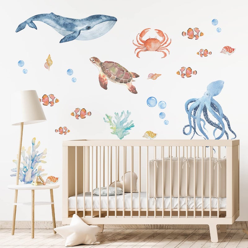 funlife Large Under The Sea Wall Decals Peel and Stick, Fish Wall Decor for Nursery Room, Watercolor Sea Animals 1 - Image 1